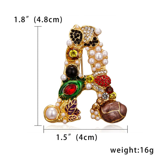 Letter Pearl Rhinestone Flower Brooch