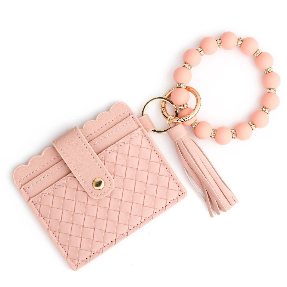 2024 New PU Card Holder Silicone Beaded Bracelet Keychain Card Holder Women's Wallet Leather Woven Card Bag Zero Wallet