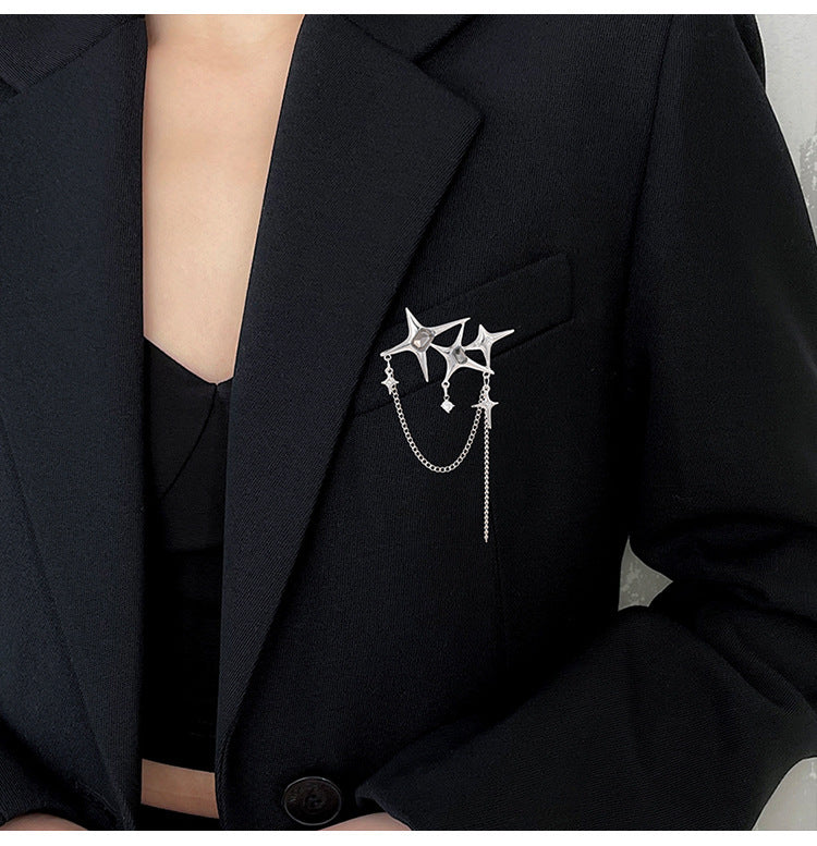 Four Eight-pointed Stars Zircon Chain Brooch For Women