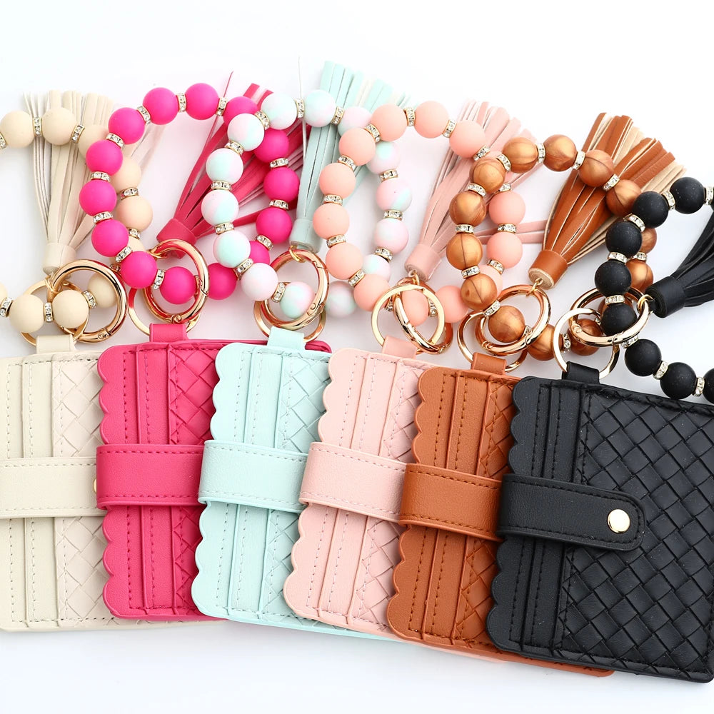 2024 New PU Card Holder Silicone Beaded Bracelet Keychain Card Holder Women's Wallet   Leather Woven Card Bag Zero Wallet
