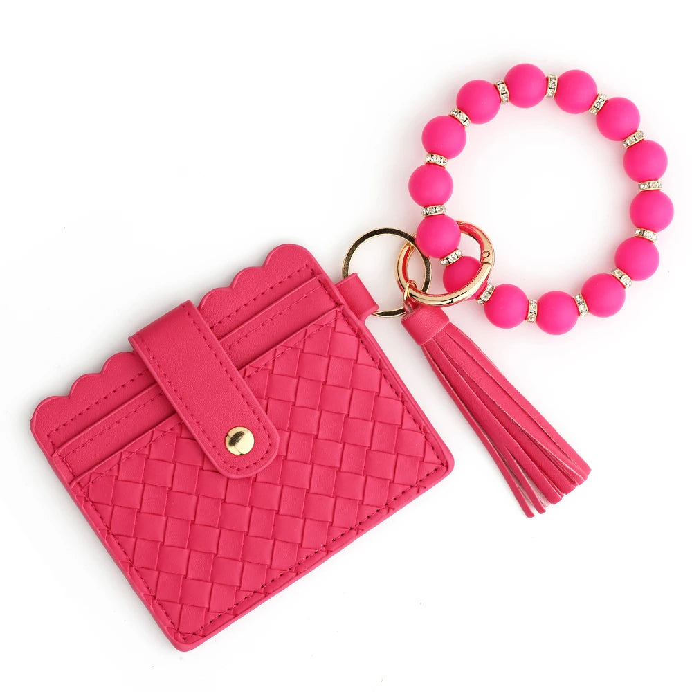 2024 New PU Card Holder Silicone Beaded Bracelet Keychain Card Holder Women's Wallet   Leather Woven Card Bag Zero Wallet