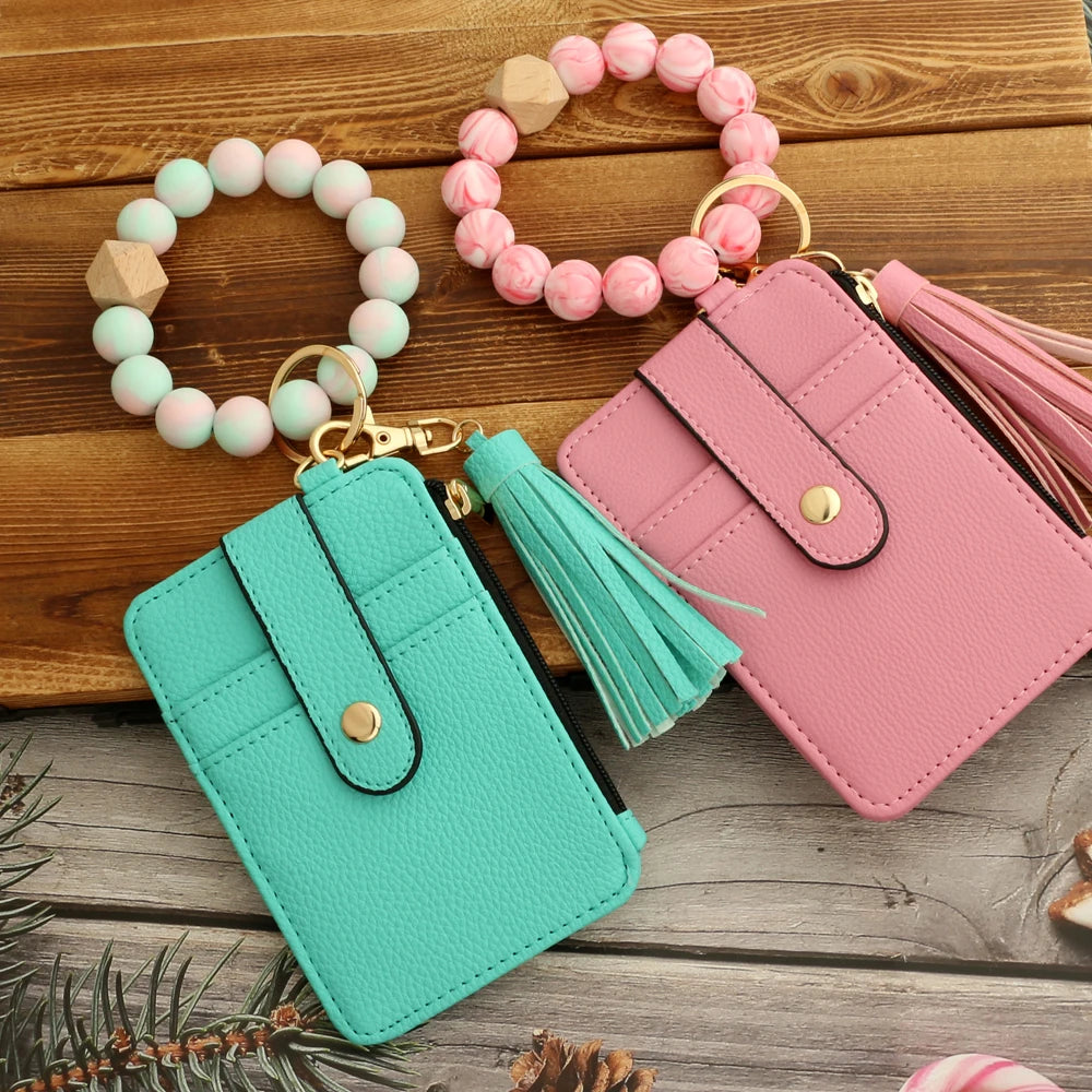Silicone bead leather key chain wristlet