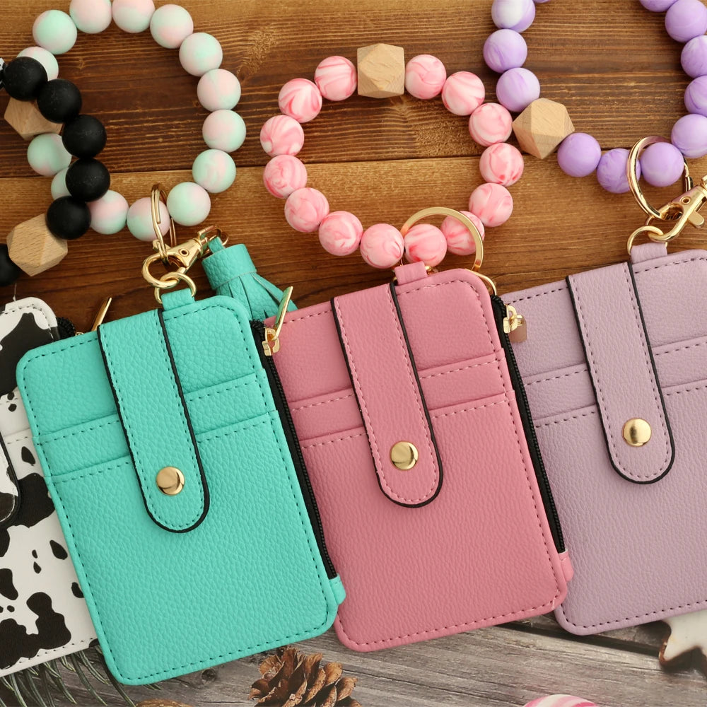 Silicone bead leather key chain wristlet