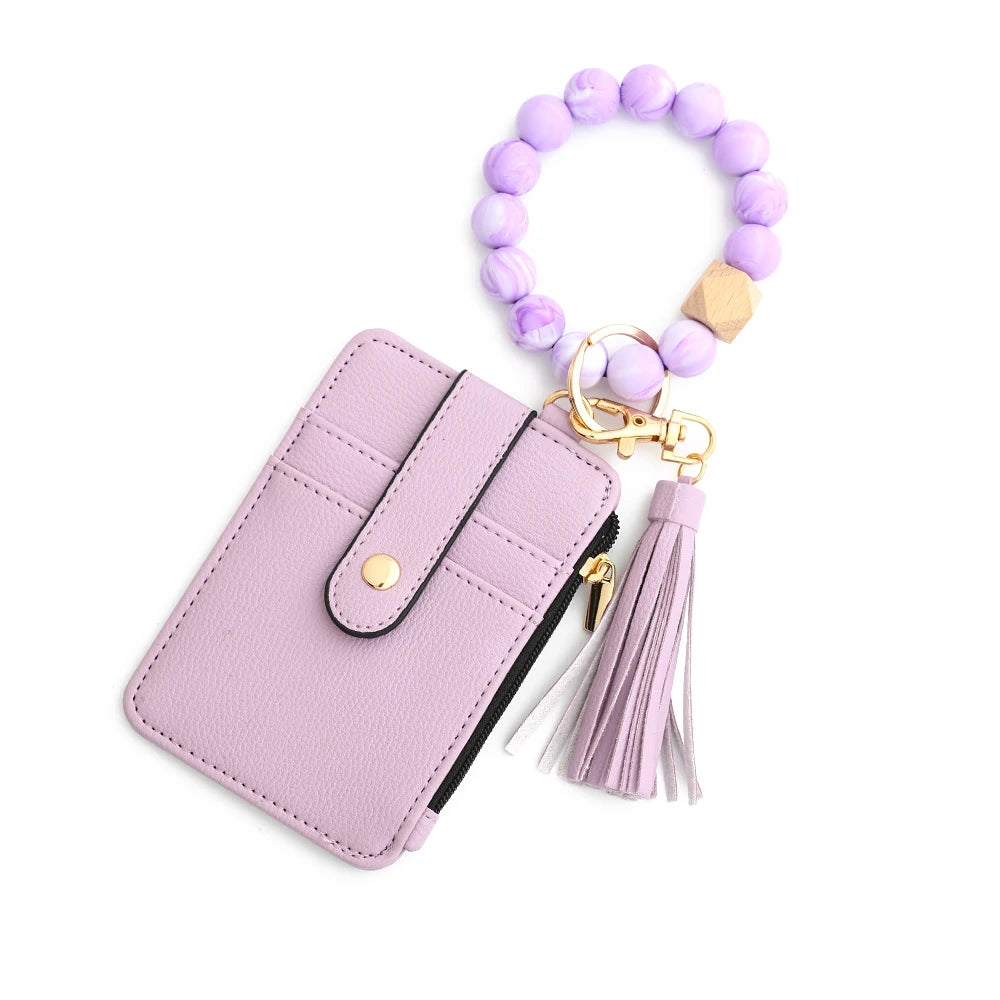 Silicone bead leather key chain wristlet