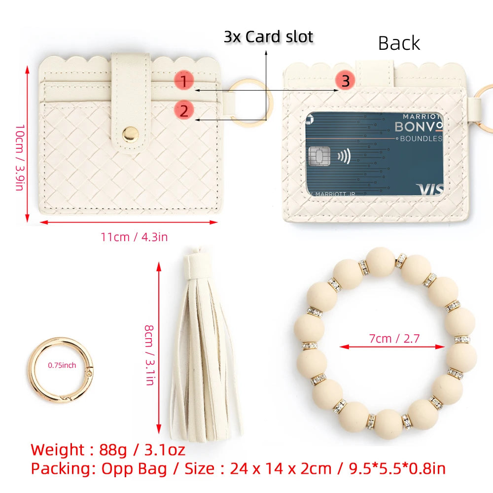 2024 New PU Card Holder Silicone Beaded Bracelet Keychain Card Holder Women's Wallet   Leather Woven Card Bag Zero Wallet