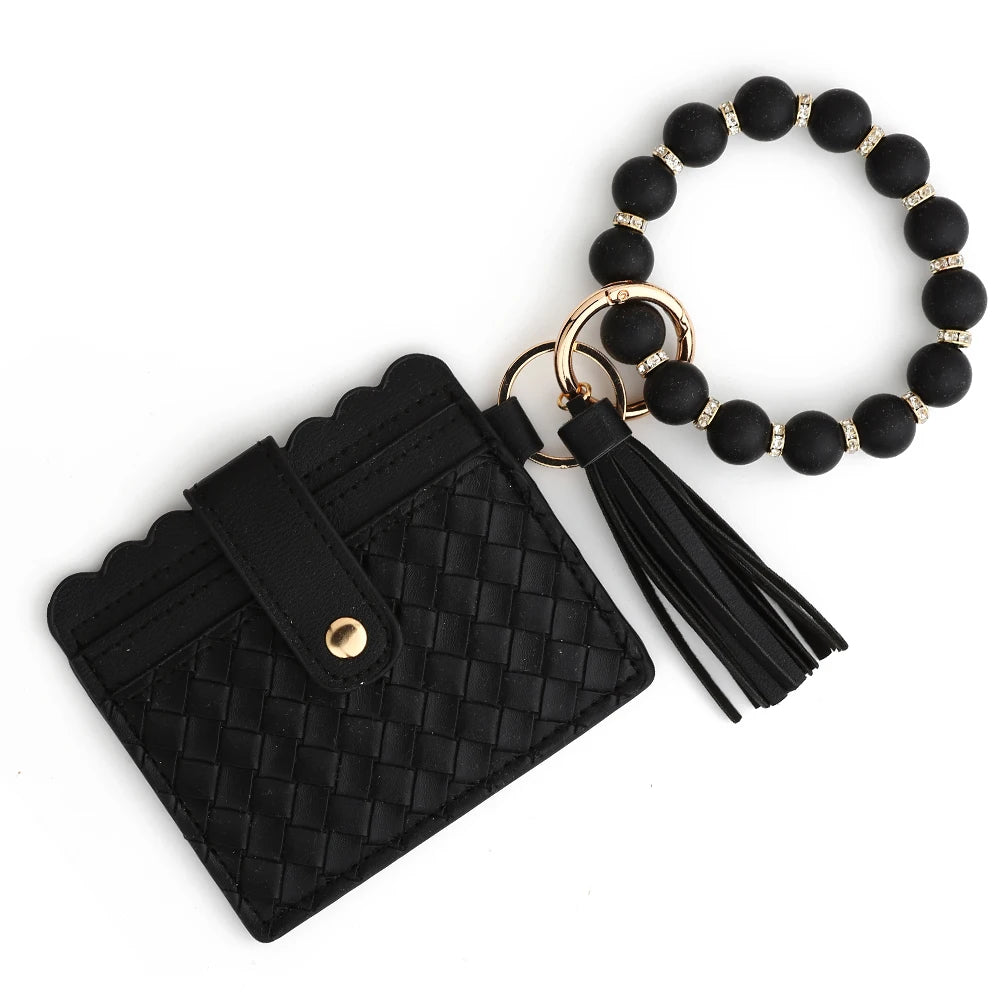 2024 New PU Card Holder Silicone Beaded Bracelet Keychain Card Holder Women's Wallet   Leather Woven Card Bag Zero Wallet