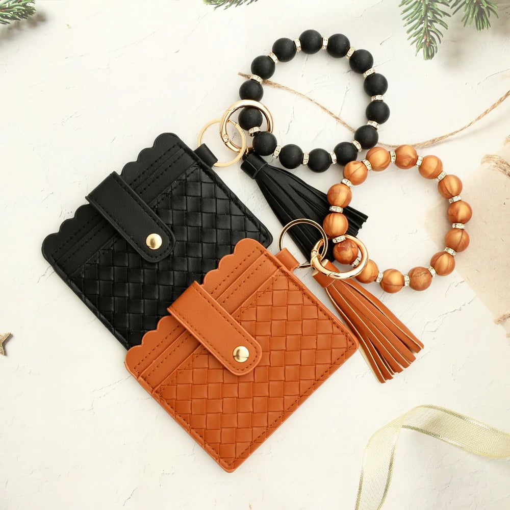 2024 New PU Card Holder Silicone Beaded Bracelet Keychain Card Holder Women's Wallet   Leather Woven Card Bag Zero Wallet