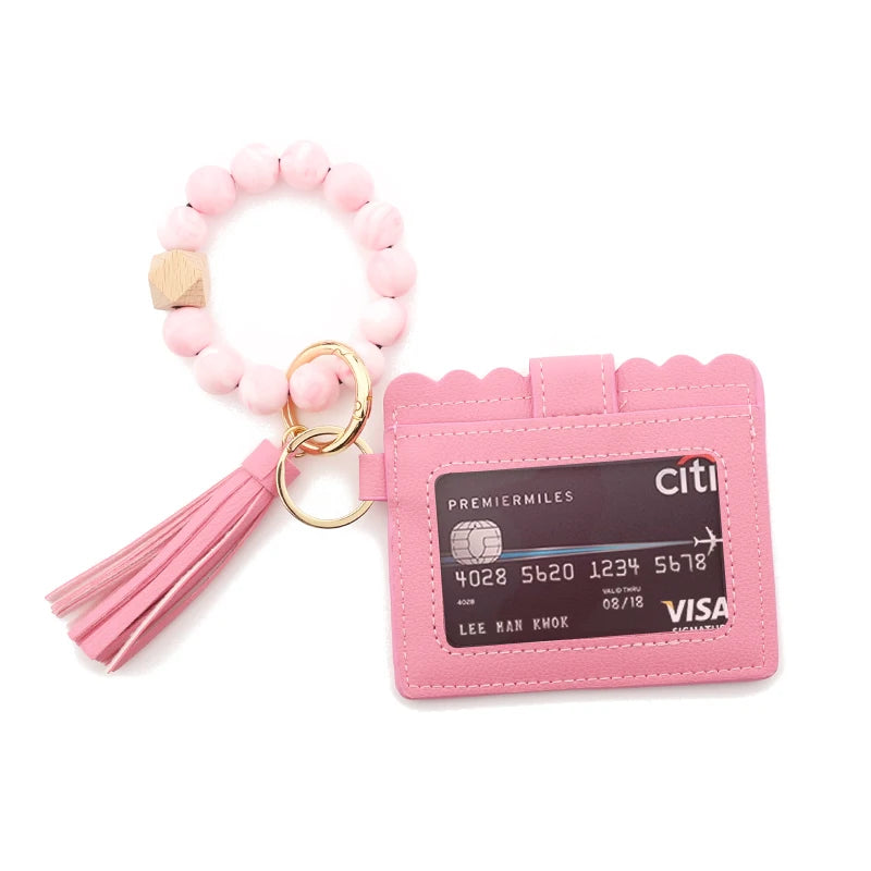 Silicone Bead Bracelet Solid Leather Card Wristlet