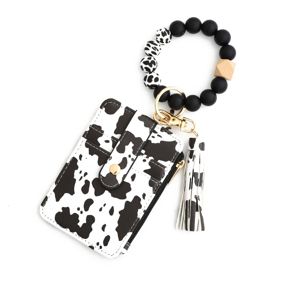 Silicone bead leather key chain wristlet