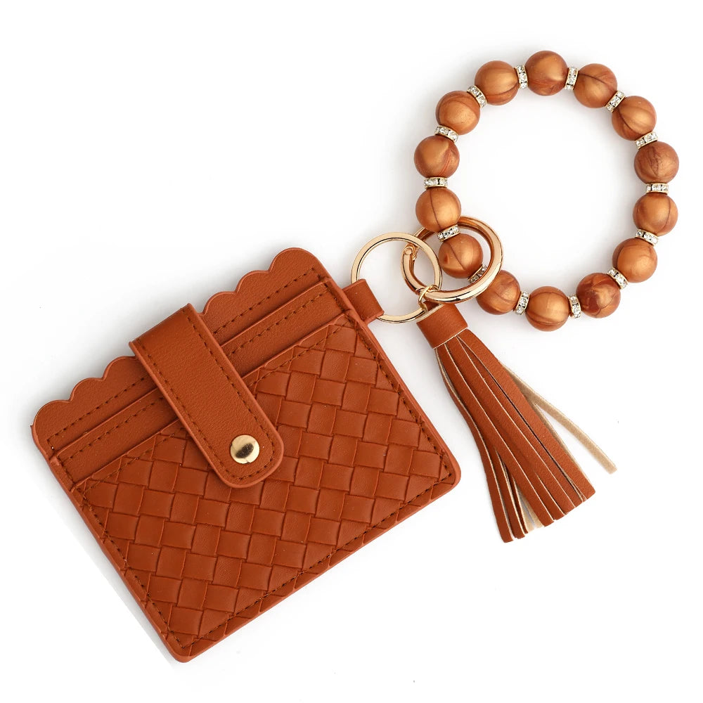 2024 New PU Card Holder Silicone Beaded Bracelet Keychain Card Holder Women's Wallet   Leather Woven Card Bag Zero Wallet