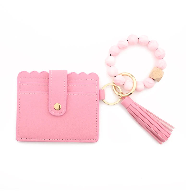 Silicone Bead Bracelet Solid Leather Card Wristlet