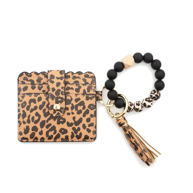 Silicone Bead Bracelet Solid Leather Card Wristlet