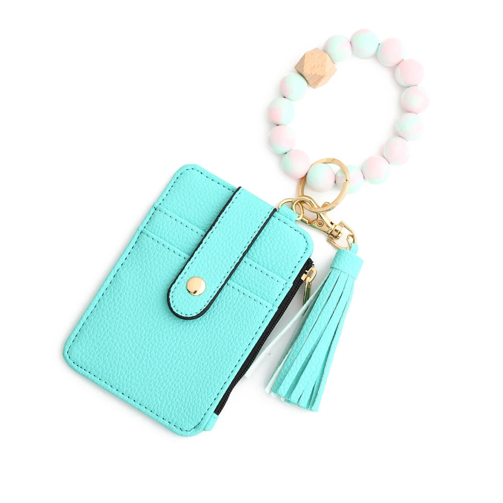 Silicone bead leather key chain wristlet