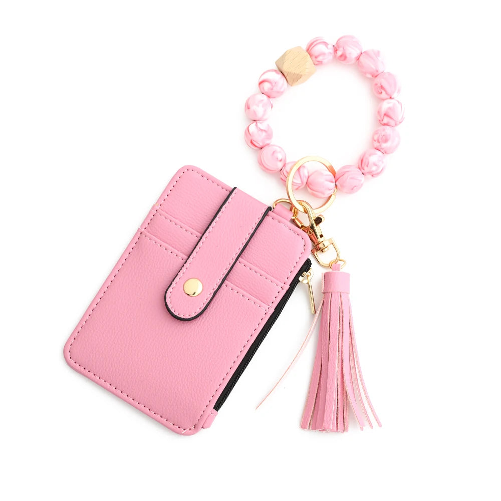 Silicone bead leather key chain wristlet
