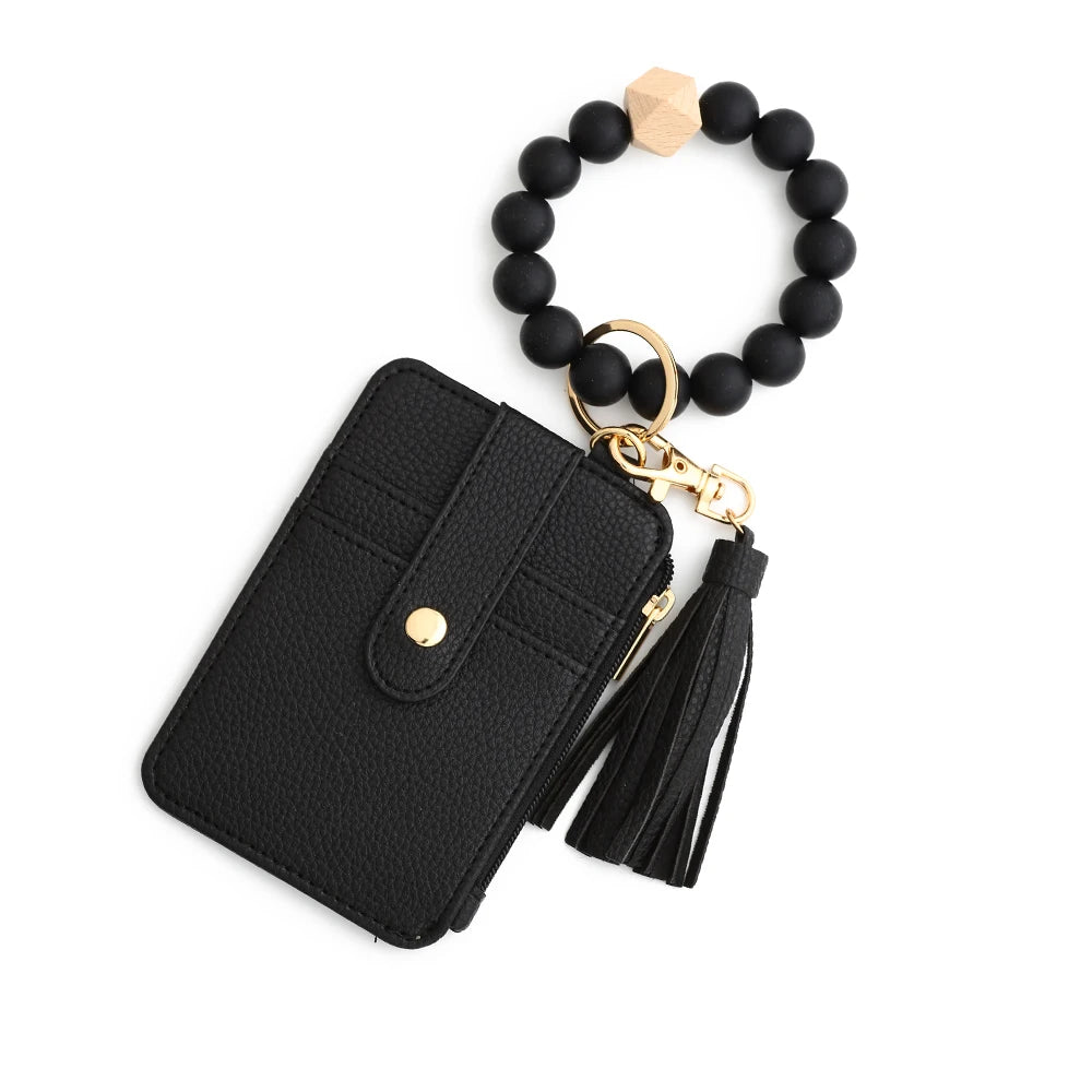 Silicone bead leather key chain wristlet