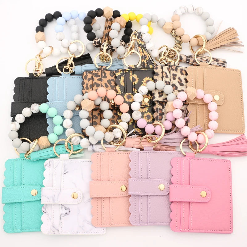Silicone Bead Bracelet Solid Leather Card Wristlet
